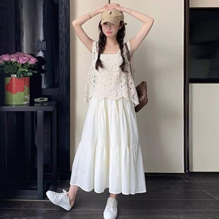 夏季 别致潮流叠穿马甲气质甜美连衣裙两件 韩版 镂空白色吊带裙套装