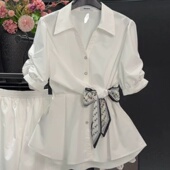 上衣小衫 高级感白色女士雪纺衬衫 收腰衬衣 2025年新款 短袖 女装 夏季