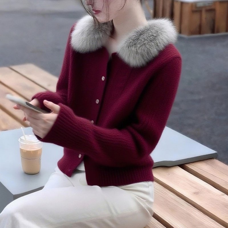 韩系毛毛领短款毛衣开衫秋冬新年新款单排扣酒红色针织衫高级感女,女装/女士精品,毛衣,淘宝优惠券,粉丝福利购,淘宝优惠卷
