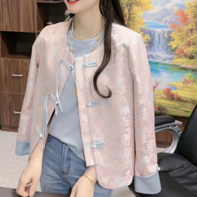 新中式国风印花撞色盘扣长袖外套女2025春季新款气质温柔甜美上衣