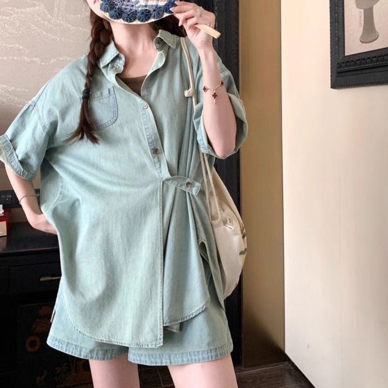 新款酷飒姐套装裤女夏薄款街牛仔又拽又阔腿短裤炸飒两件套