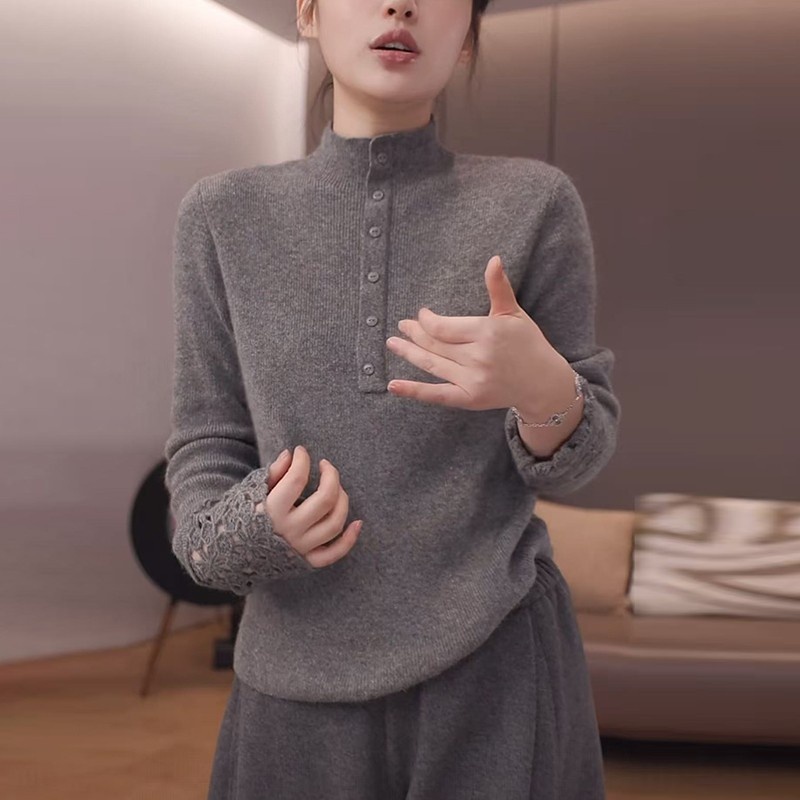 灰色半高领套头毛衣女秋冬慵懒风宽松显瘦钩花蕾丝打底针织衫上衣