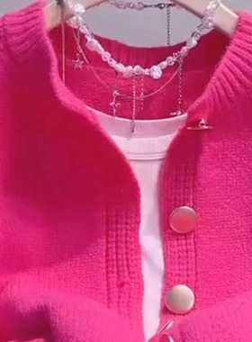 玫红色短款毛衣开衫外套女秋冬2025休闲洋气百搭单排扣针织衫上衣