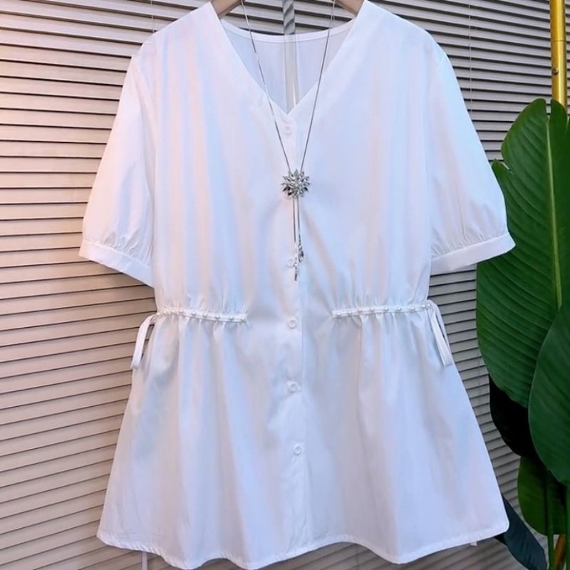 爆款2025夏季新款显瘦短袖女款上衣收腰加宽女装大码衬衫设计