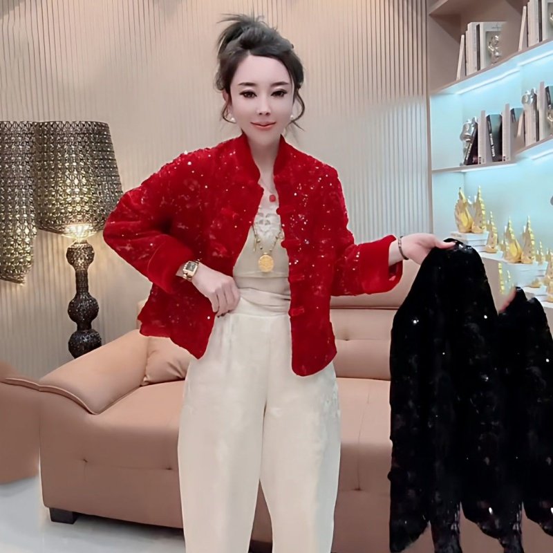 新中式国风亮片丝绒外套女千金风立领加厚短外套减龄洋气短款外搭,女装/女士精品,短外套,淘宝优惠券,粉丝福利购,淘宝优惠卷