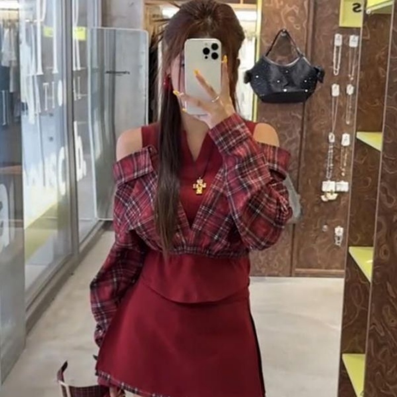 2025秋季新款洋气格纹拼接收腰短款假两件衬衫+高腰裤裙两件套女