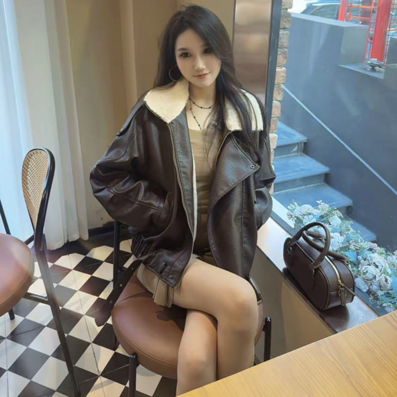 美式覆古冬季新品美拉德夹克机车风服宽松显瘦拉炼加绒皮衣外套女,女装/女士精品,短外套,淘宝优惠券,粉丝福利购,淘宝优惠卷