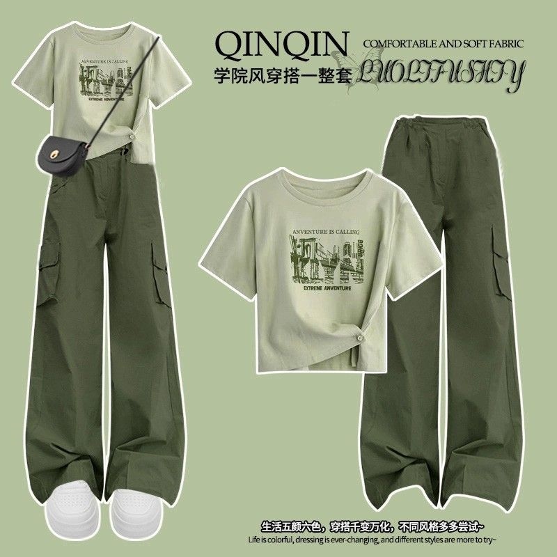 女大童工装裤套装甜酷风短袖学生纯棉洋气多巴胺小众个性运动两件