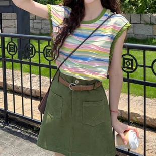 小个子彩色条纹短袖 港风设计上衣裙子两件套 T恤半身裙套装 女夏季
