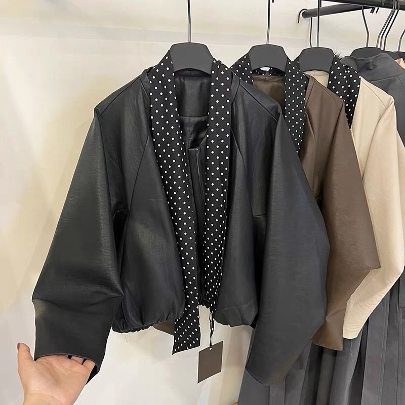 韩系高级感蝙蝠袖皮衣外套女秋装新款2025休闲气质夹克配丝巾上衣,女装/女士精品,皮衣,淘宝优惠券,粉丝福利购,淘宝优惠卷