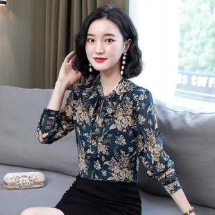 新款 媽媽長袖 女士高檔襯衫 上衣遮肚子小衫 2023秋季 碎花雪紡衫