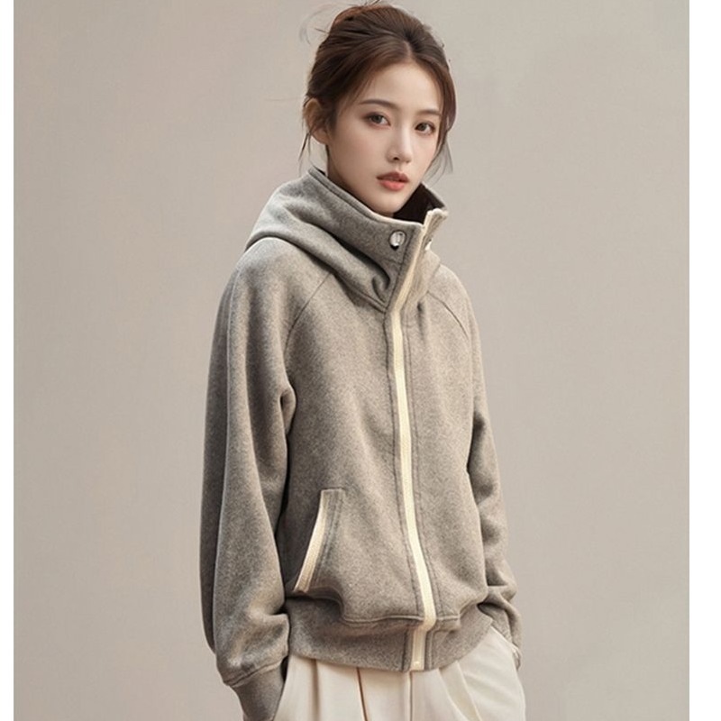 2025开春新款棒球服小个子短款灰色小香风连帽立领卫衣外套女春秋