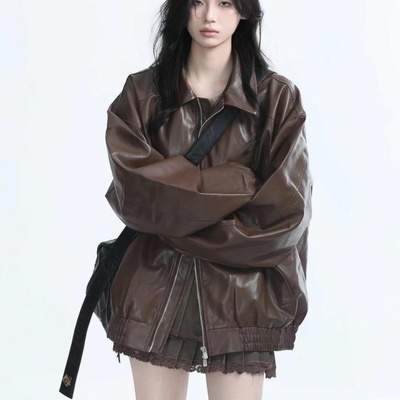 美式街头复古机车服黑色皮衣外套女春秋重磅宽松夹克上衣