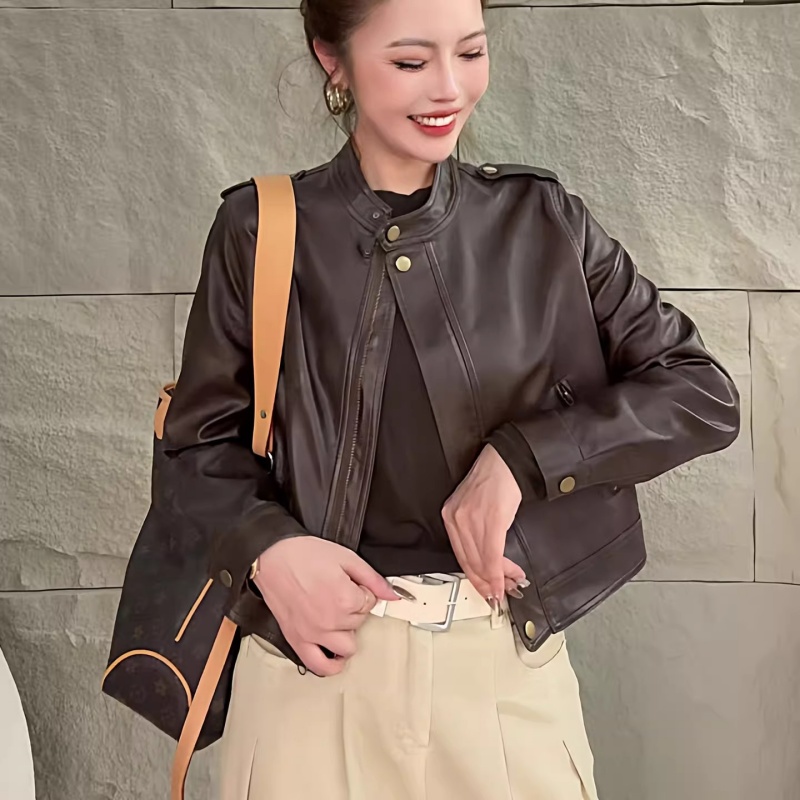 2025秋季新款复古立领皮衣外套机车夹克女洋气休闲小个子夹克上衣