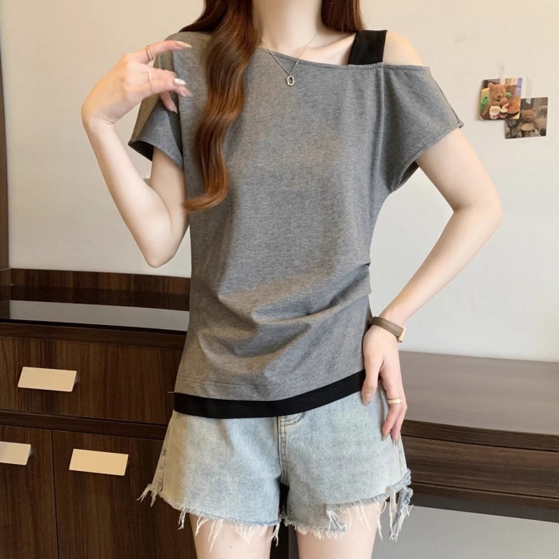 假两件糯米灰斜肩短袖T恤女2025春夏大码胖mm掐腰小衫不规则上衣