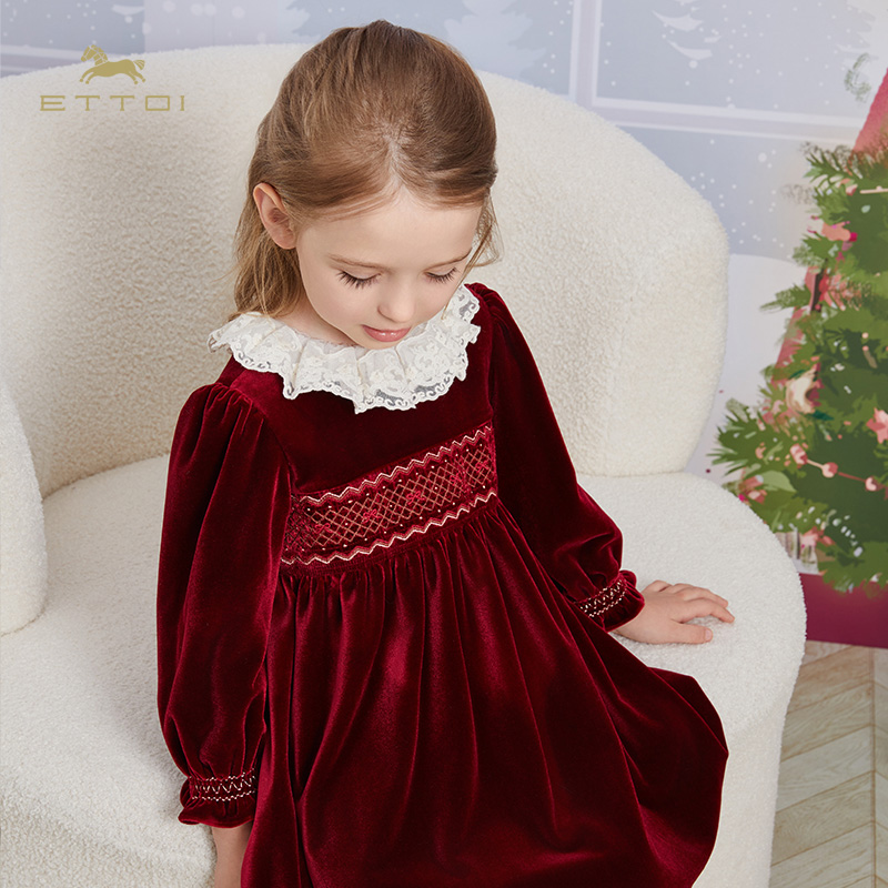 【朗姿集团】ETTOI爱多娃女童花边红丝绒收腰连衣裙秋冬法式复古