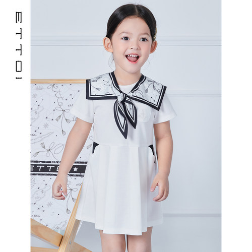 【明星珞安同款】ETTOI爱多娃女童水手领白色短袖连衣裙夏季新款