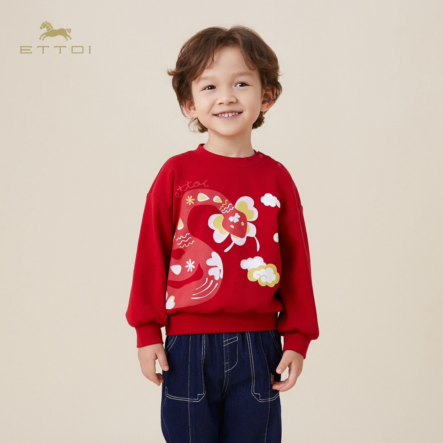 朗姿童装/ETTOI爱多娃男女童新年红色圆领儿童卫衣拜年服春季新款