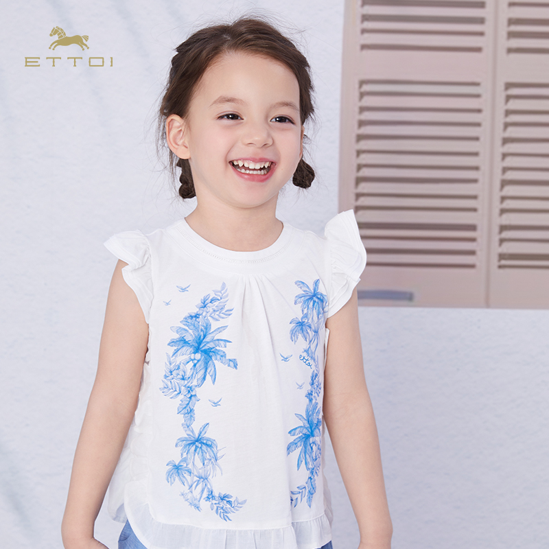 【朗姿集团】ETTOI爱多娃女童印花T恤夏季可爱度假风飞边袖蕾丝领