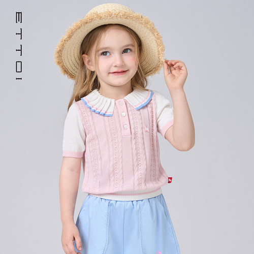 【莱赛尔+桑蚕丝】ETTOI爱多娃女童针织短袖T恤娃娃领夏季新款