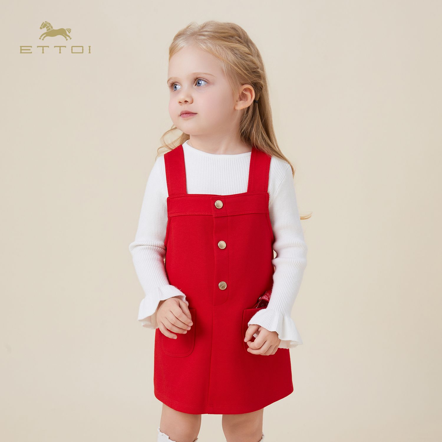 朗姿童装/ETTOI爱多娃女童新年红色连衣裙儿童洋气背带裙春季新款