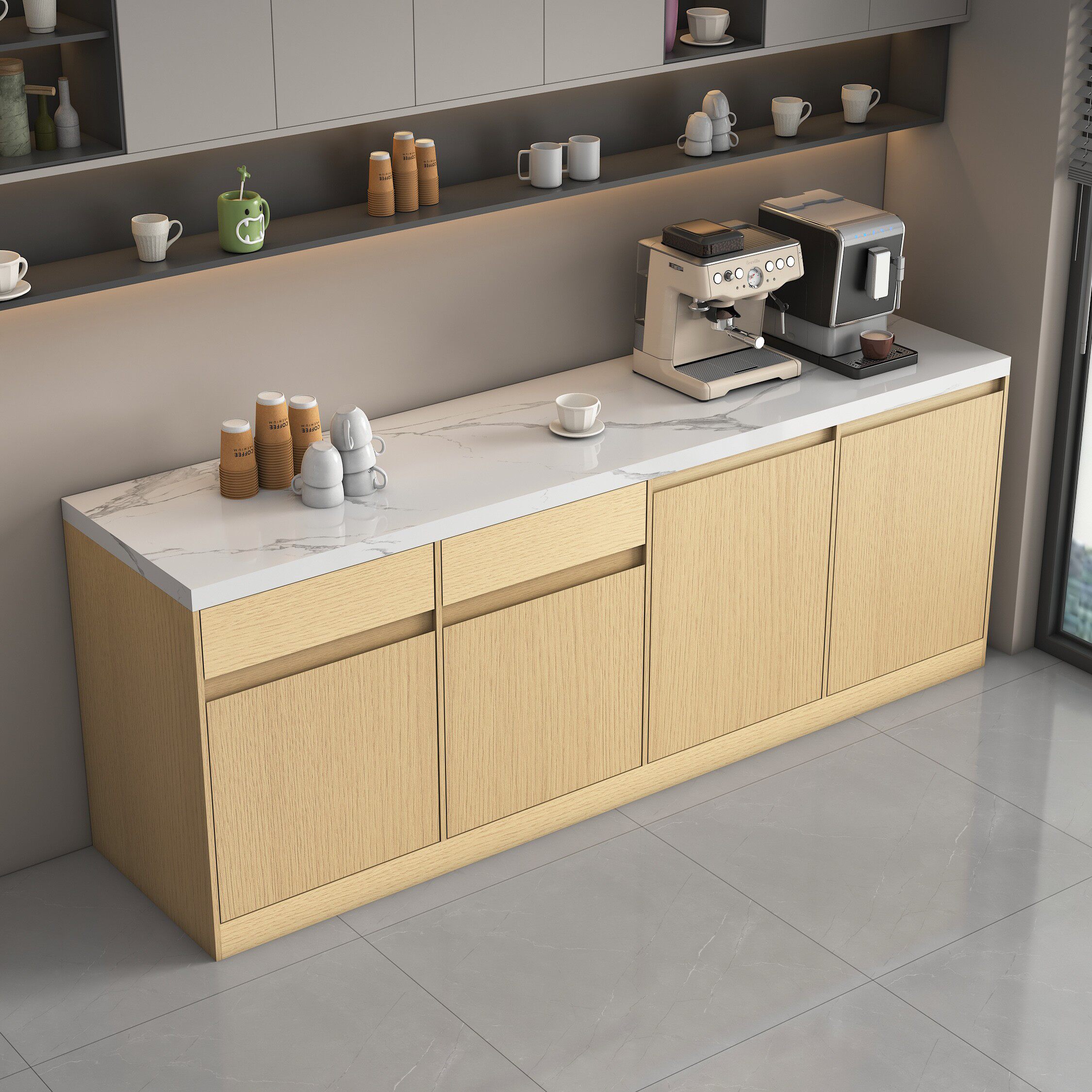 水吧台一体柜办公室茶水间吧台靠墙公司大理石水槽咖啡台客厅定制