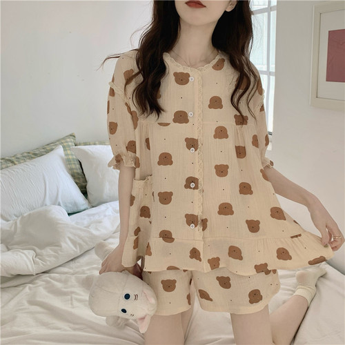 Real price Korean soft cotton skin friendly Cartoon Bear cute lace short sleeved shorts suit nightdress