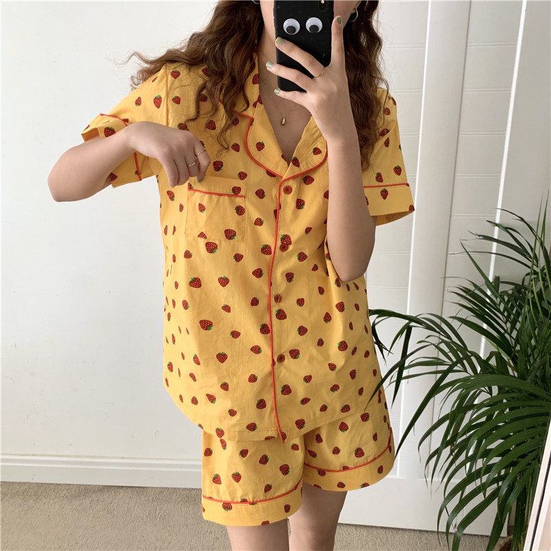 Real price cotton strawberries spring and summer short sleeve trousers short sleeve shorts casual home wear pajamas suit