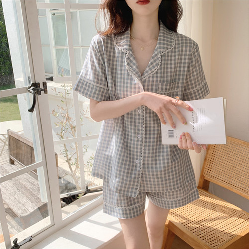 Real price Korean cotton cute jacquard Plaid lace short sleeved Shorts Set for home wear