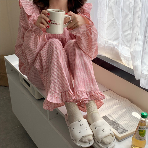 Real price Korean version ins small fresh fine grid girls' home clothes pajamas long sleeves Long Pants Set