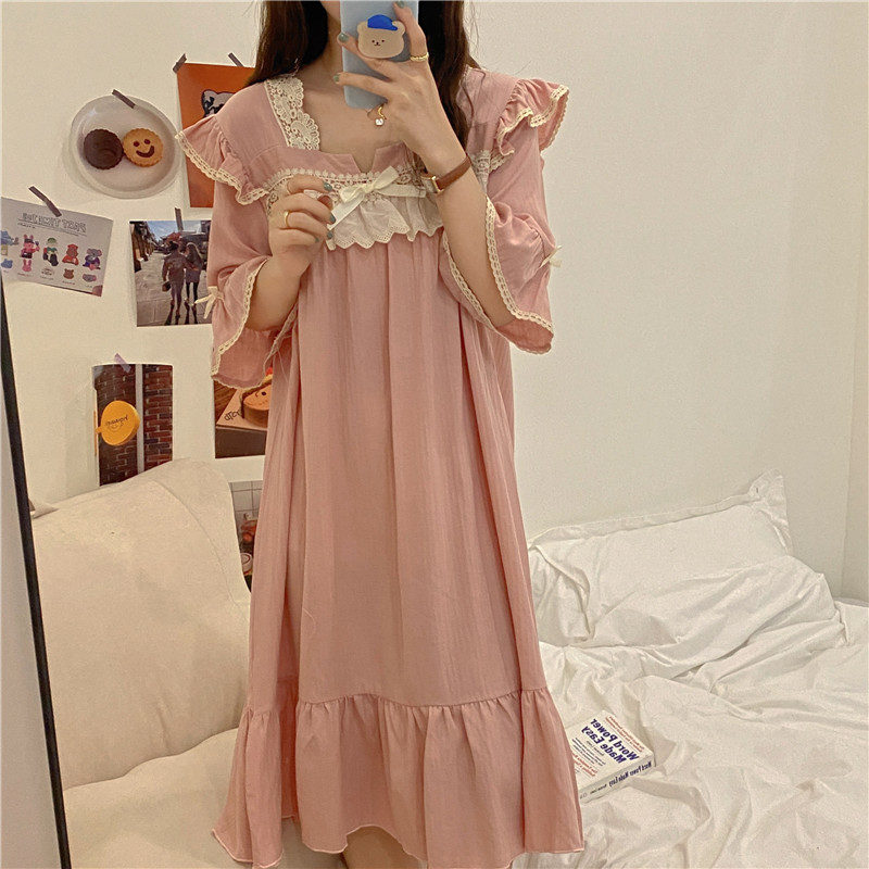 Real price short sleeve comfortable cotton lace French romantic nightdress home dress