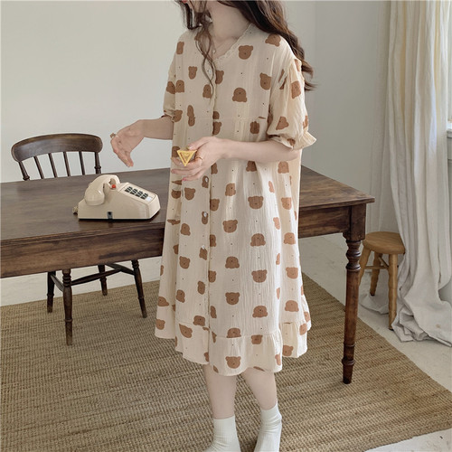 Real price Korean soft cotton skin friendly Cartoon Bear cute lace short sleeved shorts suit nightdress