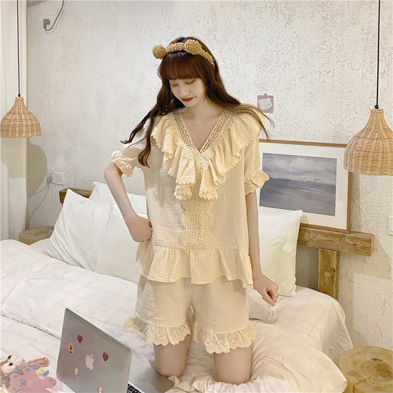 Real price Korean version cotton soft double yarn court lace Sweet Princess housewear short sleeve suit