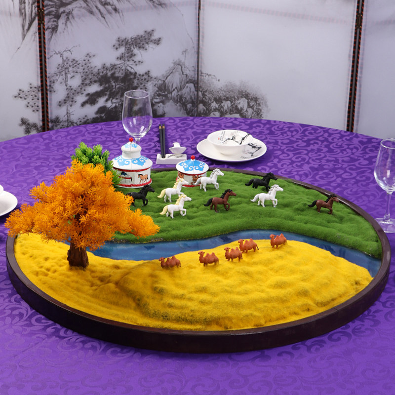 大圆桌转盘中间摆件餐厅包间桌面摆花草原牛羊装饰酒店餐桌微景观