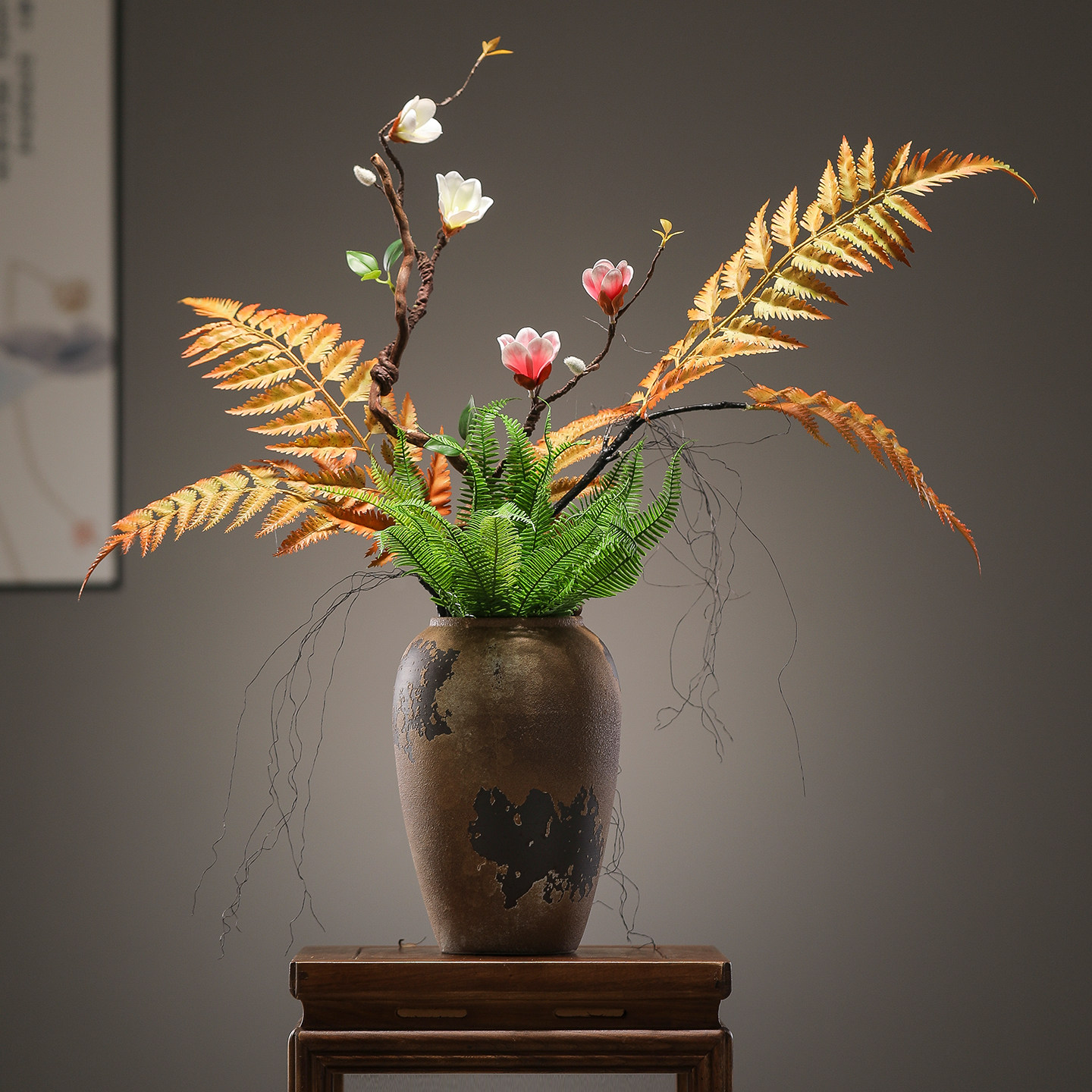 新中式仿真花艺插花摆件禅意客厅玄关茶室装饰仿生花束家居软装