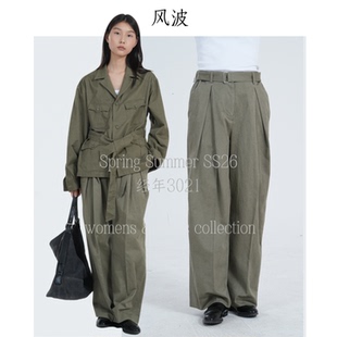 通勤西裤 垂感酵洗洗水棉 橄榄绿 立体剪裁 对褶阔腿西裤