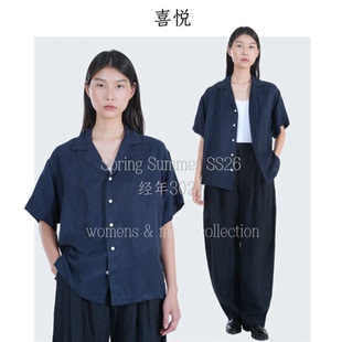 衬衫 喜悦 日本进口铜氨亚麻藏青色古巴领度假风短袖 新款 夏季