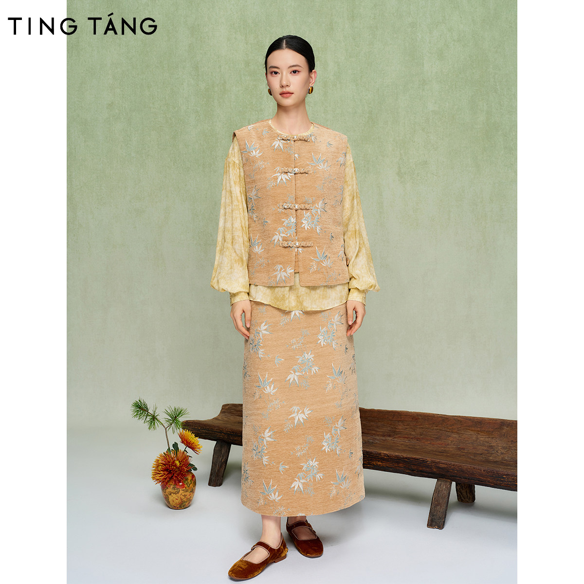厅唐TINGTANG【霜雪竹林】明星同款新中式提花女马甲半裙两件套 - 实物图