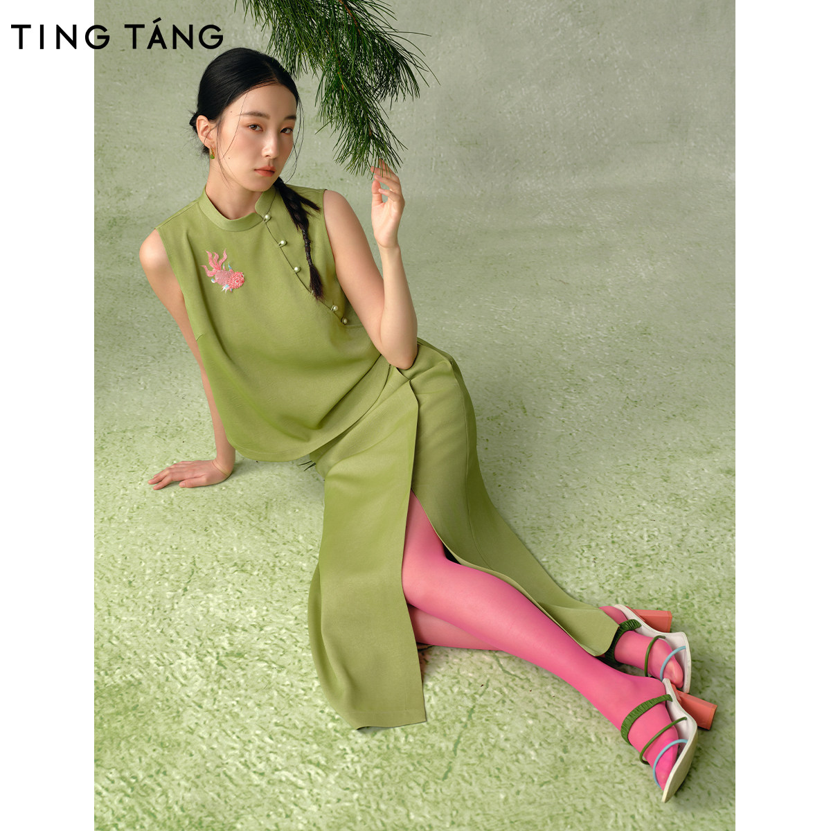 厅唐TINGTANG【青锦谣】金鱼手工珠片刺绣套装女中式斜襟马甲半裙