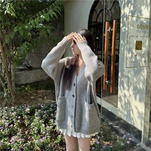 灰色2025春秋新款 宽松上衣 日系复古奶系毛衣慵懒针织外套开衫