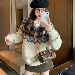 软糯慵懒风费尔岛毛衣女宽松外穿秋冬洋气套头粗毛线针织外套上衣