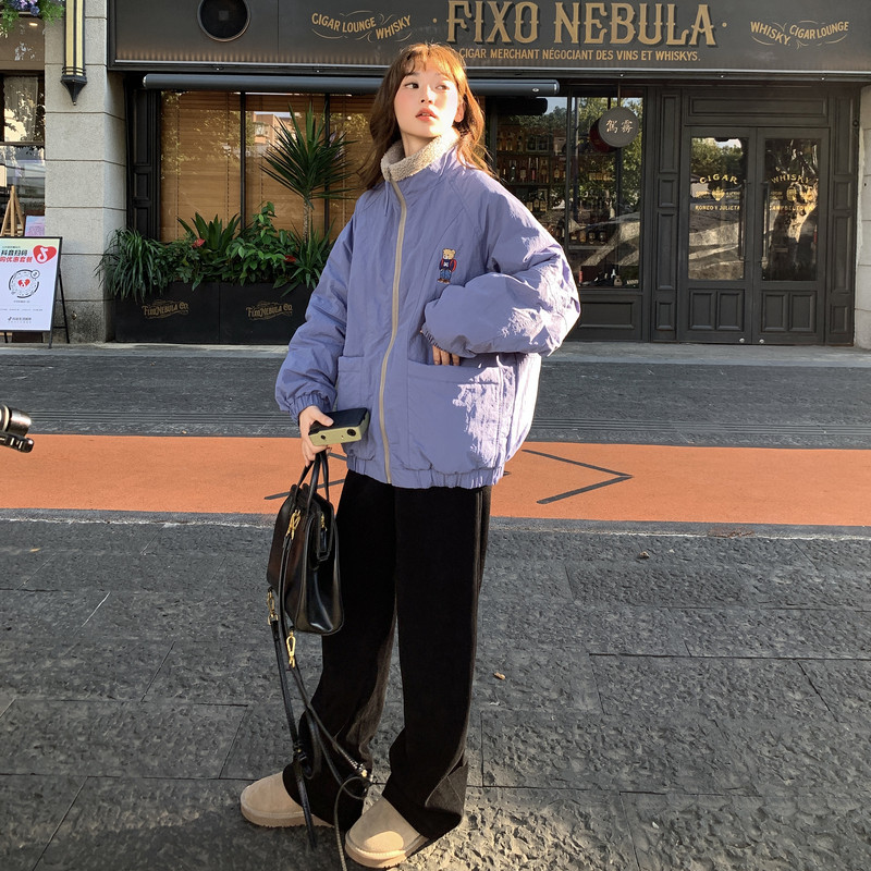 本店 小熊绣花火龙果立领微皱肌理感设计百搭保暖棉衣女外套