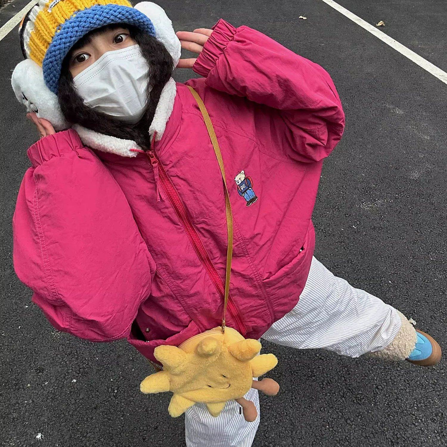 可爱小熊绣花火龙果立领微皱肌理感设计百搭保暖棉衣女外套