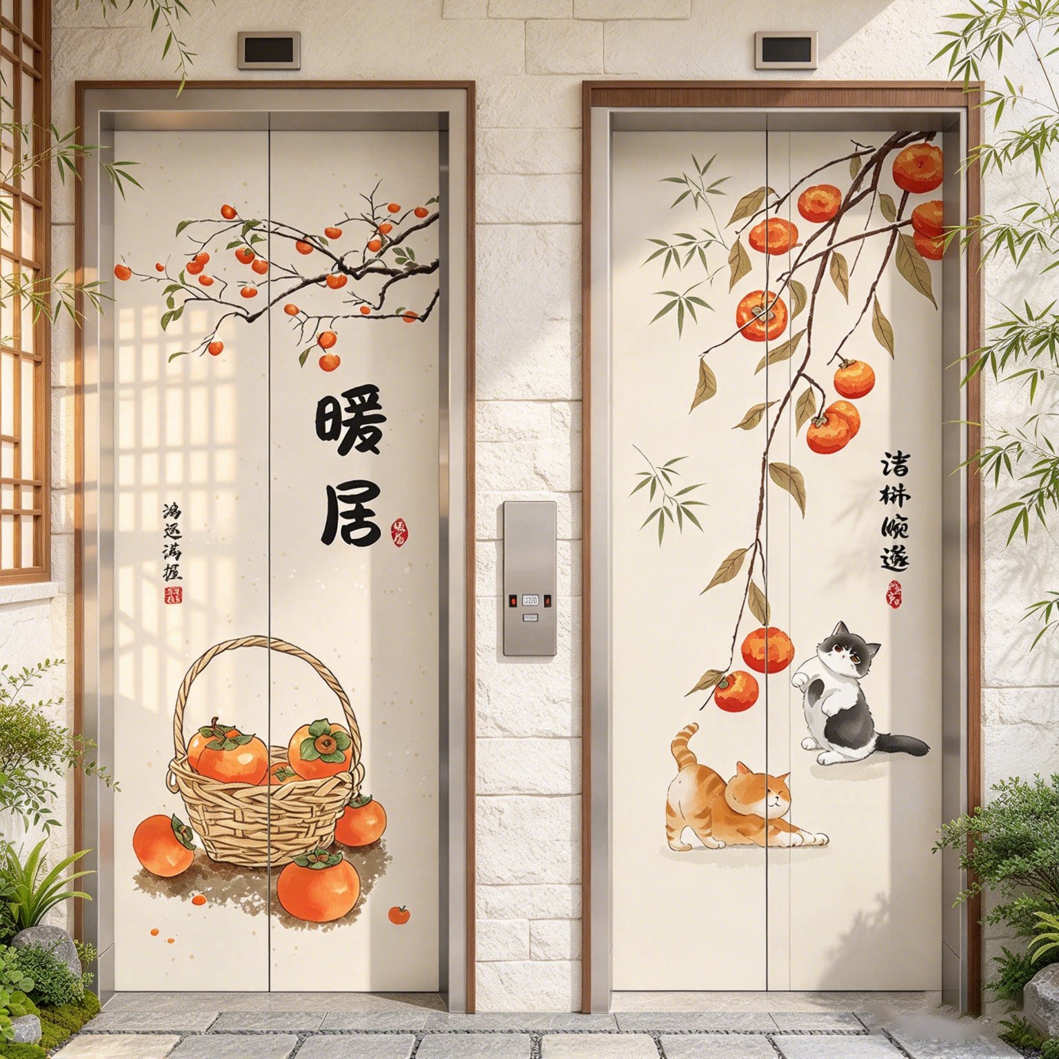 中式国风一梯一户电梯门贴