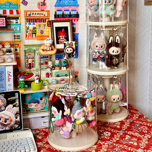 公仔哭娃crybaby展示盒旋转防尘罩拉布布收纳盒labubu搪胶展示架