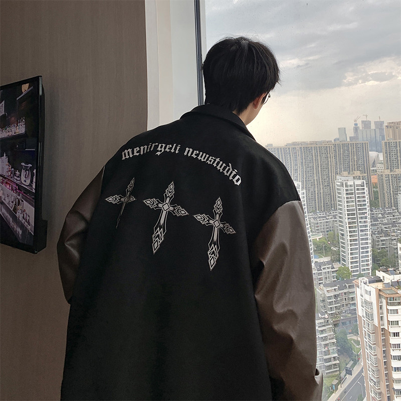 JK8817-P105控138360克抖音品春季美式复古麂皮绒拼皮夹克外套,男装夹克,电商A058-1（原电商C417）
