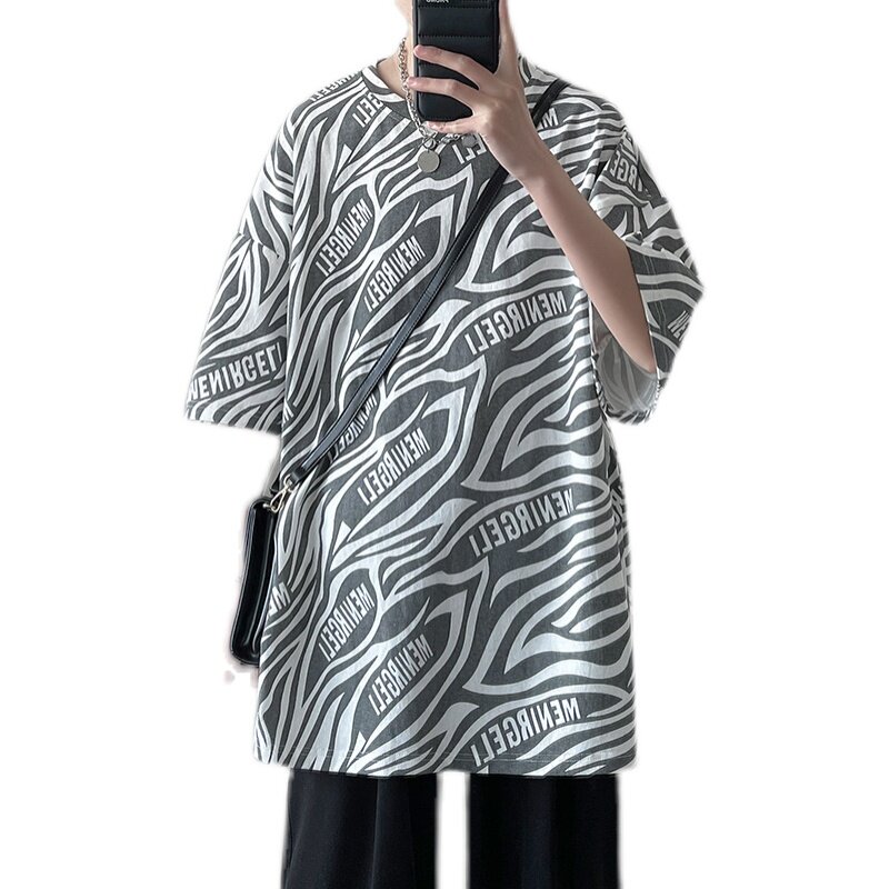 短句2021夏季斑马纹T恤男潮牌男情侣ins潮牌宽松上衣C417-T05-P30,男装T恤,电商A058-1（原电商C417）