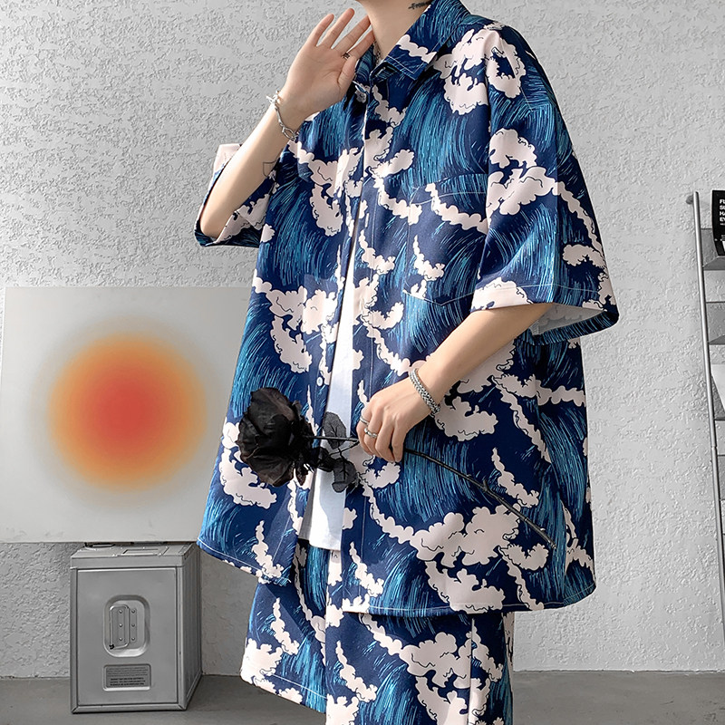 CS1898-P35控48 夏季海边冰丝凉快花衬衫男宽松短袖图片