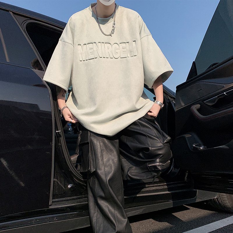 T258-特P25控39220克夏季高街潮流麂皮钢印短袖T恤男,男装T恤,电商A058-1（原电商C417）