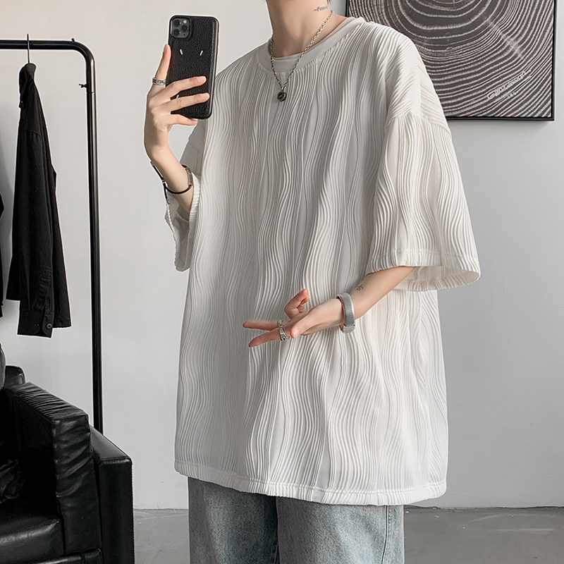 T50-P35-控58高品质夏季褶皱冰丝短袖T恤男潮流宽松高级感半袖，男装T恤，电商A058-1（原电商C417）